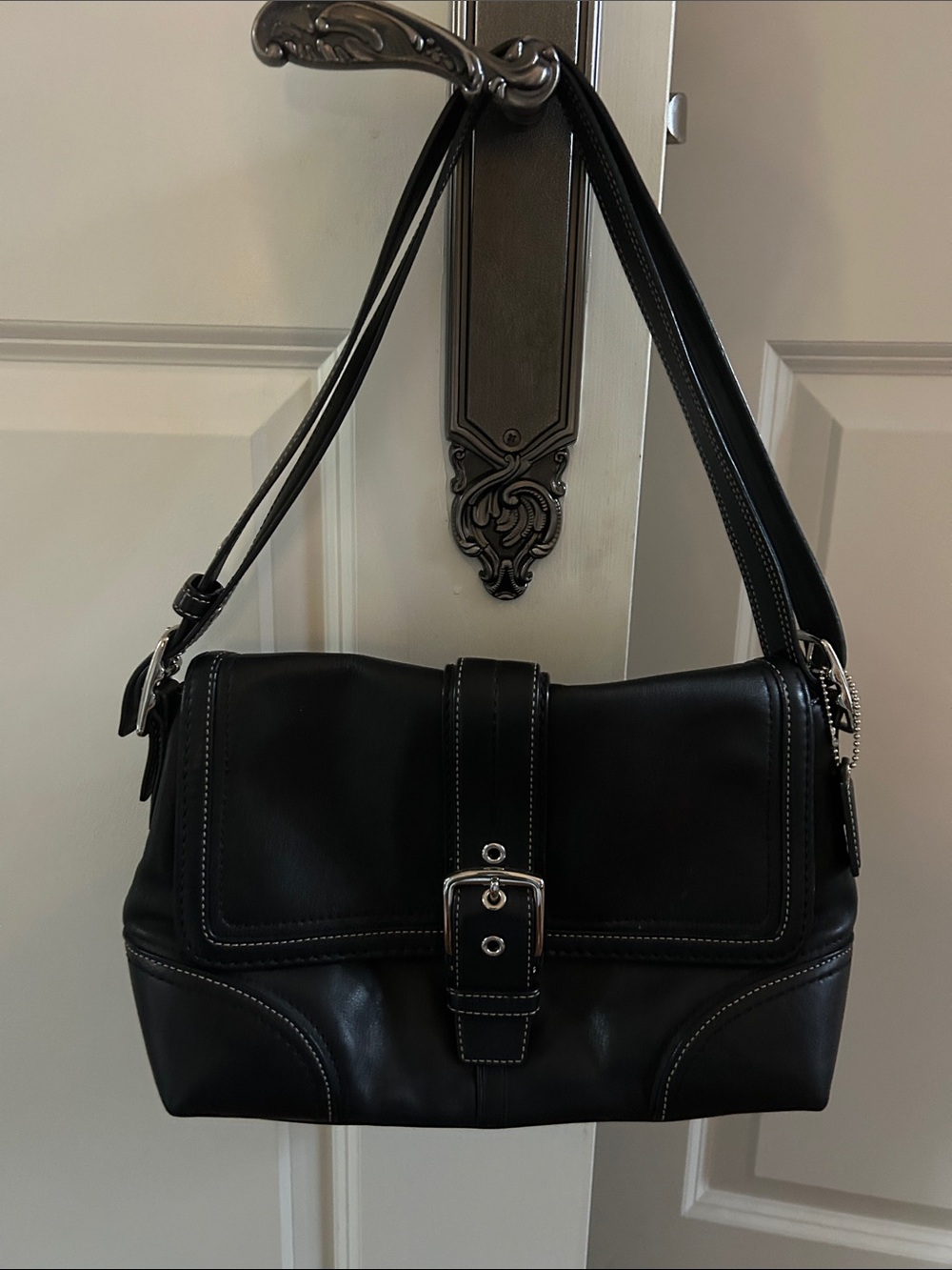 vintage Coach Black Leather Shoulder Bag with Silver Hardware